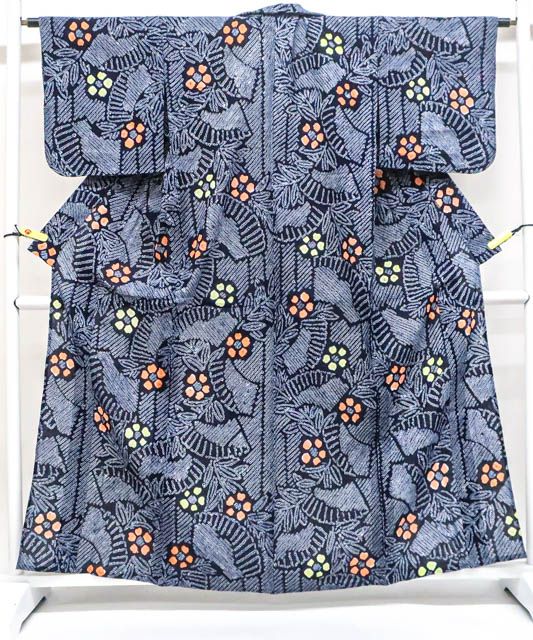 京松 着物 浴衣 有松鳴海絞り 昭和レトロ 扇に葉 花文 身丈約162cm 裄丈約63.5cm r7z05-448