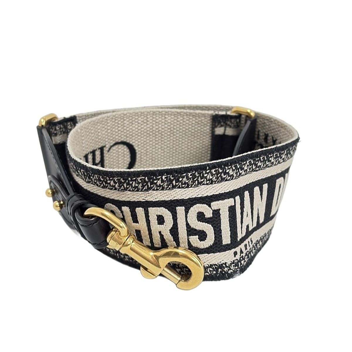 DIOR ChristianDior ディオール クリスチャンディオール ショルダーストラップ 黒×ベージュ×ゴールド エンブロイダリー レザー