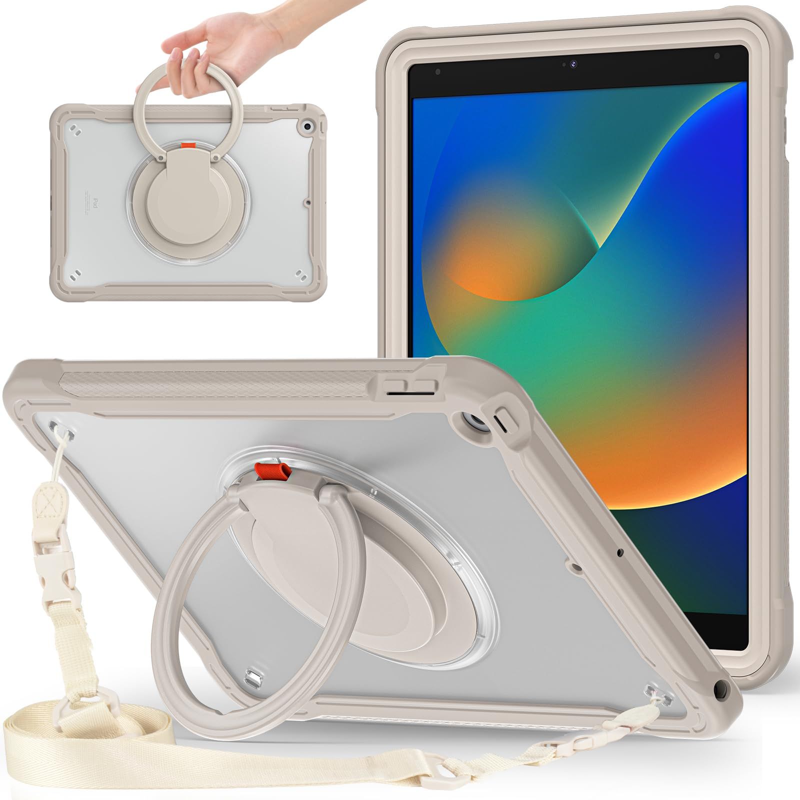 【迅速発送】360回転 iPad 10.2 ケース 回転リング iPad 第7世代 8世代 9世代 背面カバー 肩掛け 半透明ケース 調節可能 ショルダーストラップ付き 薄型 軽量 ペンホルダー付き，カーキ