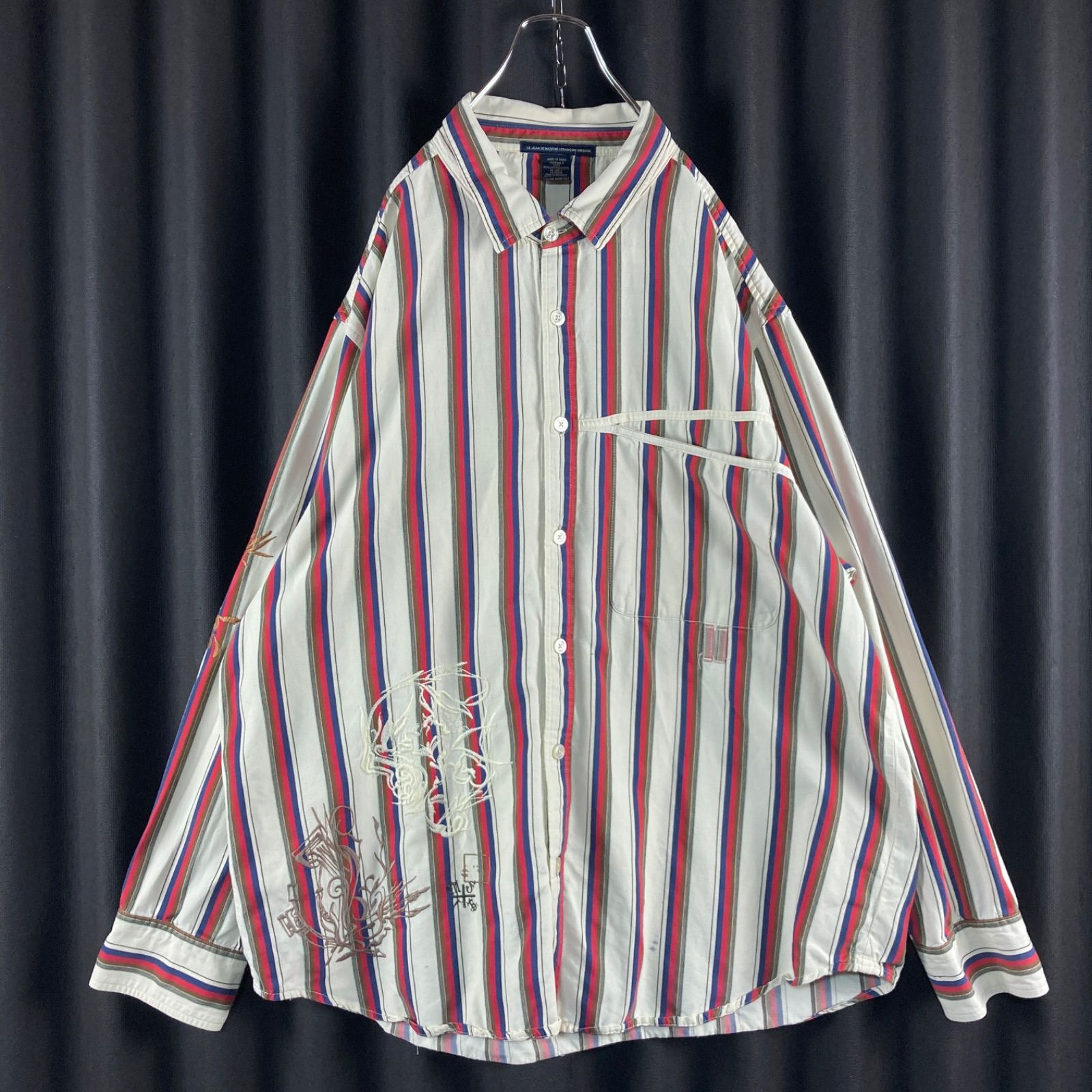 【オーバーサイズ】刺繍デザイン　マルチストライプ　長袖ビッグシャツ　淡色ブランド