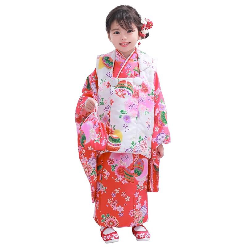 KYOETSU キョウエツ 自宅で簡単着付け 七五三 3歳 女の子 着物 セパレート 二部式 セット 被布 小物 フルセット 753 4点セット 1.紅の花舞 90-100cm