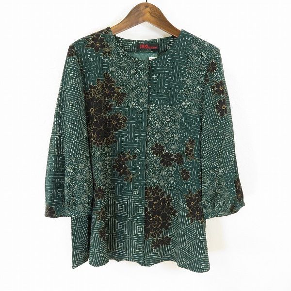 a 詩仙堂 ヒトシタムラ シセンンドウ シャツ ブラウス 緑 黒 白 ちりめん 縮緬 和風 和装 和服 七分袖 花柄 総柄 レディース 933435 k01