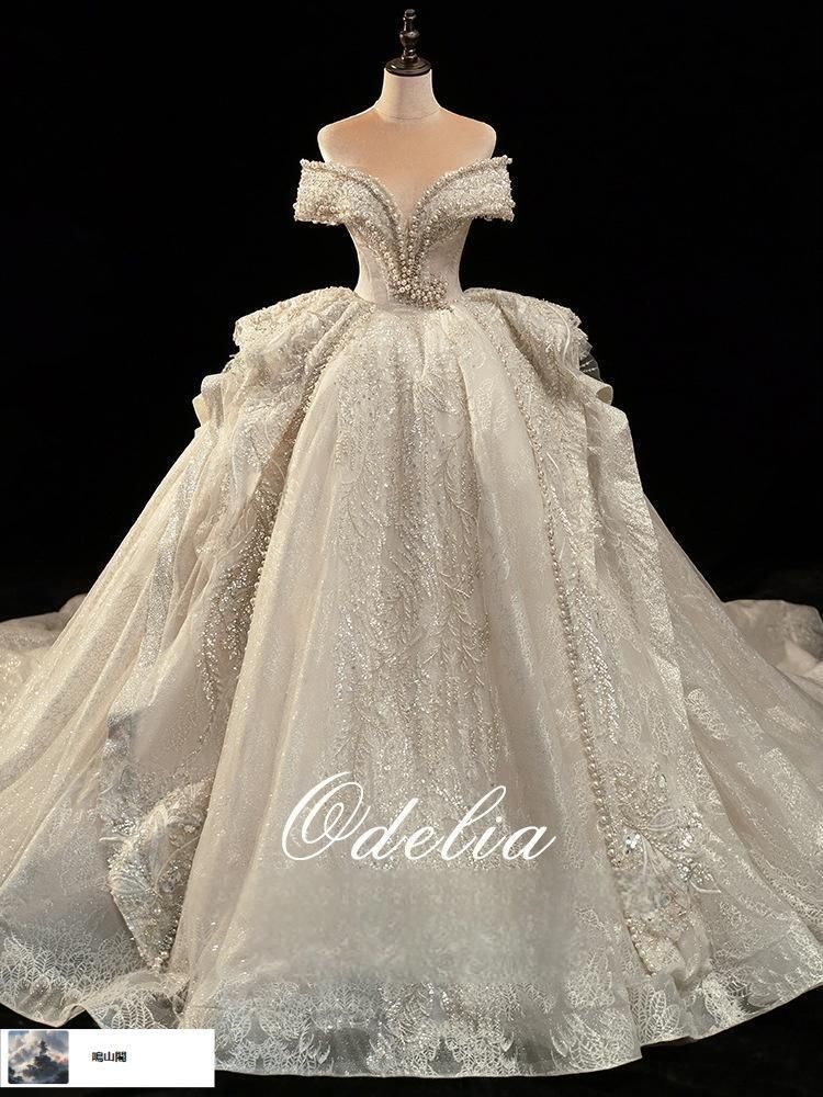 送料無料 2025 ロイヤルスタイル 一字肩ロングトレーン ウェディングドレス 感×重工ディテール 気品溢れる花嫁へ-8.13LYC680夏の新生活