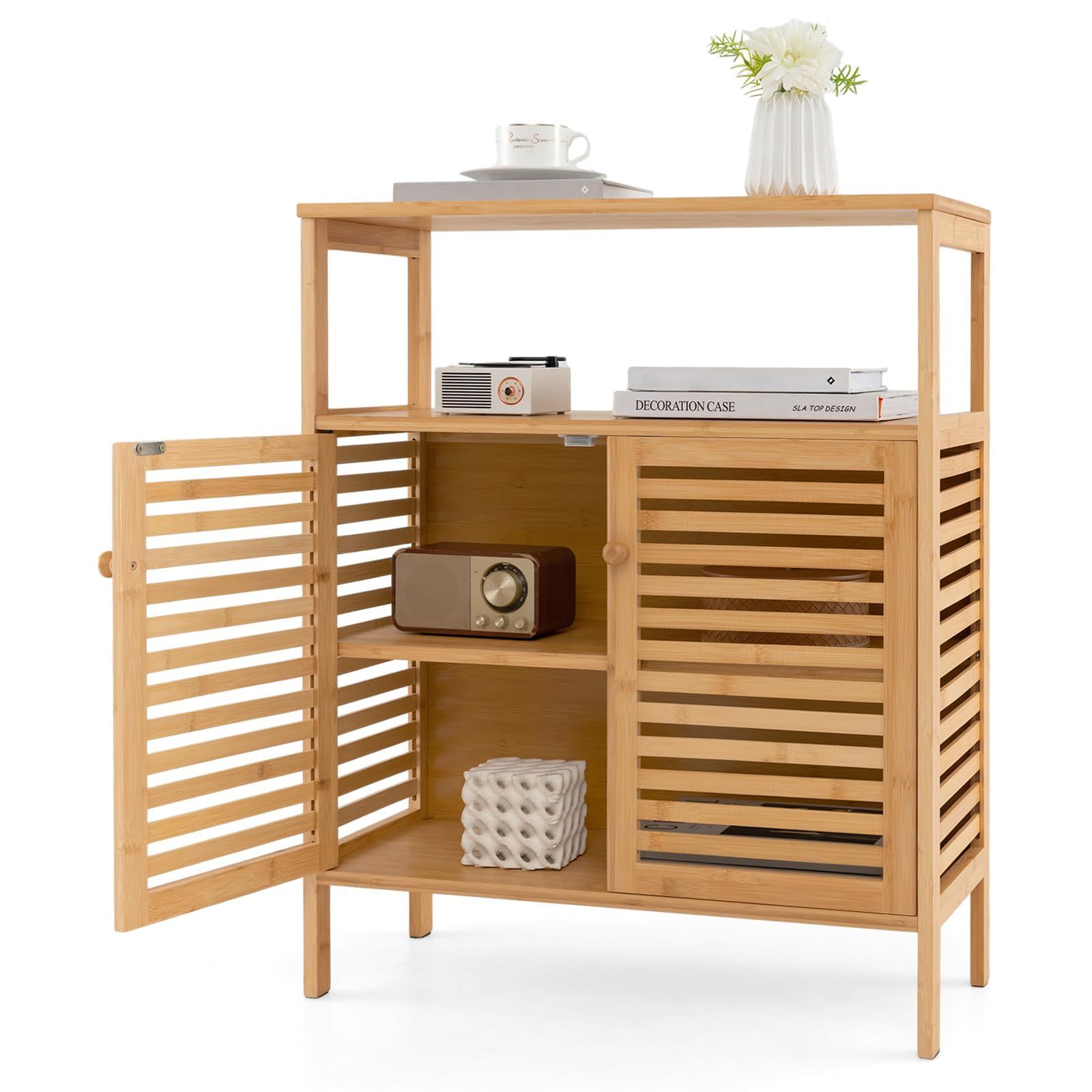 竹製収納 キャビネット バスルーム 収納棚 食器棚 Giantex サイドボードサイドキャビネット キッチン バスルーム