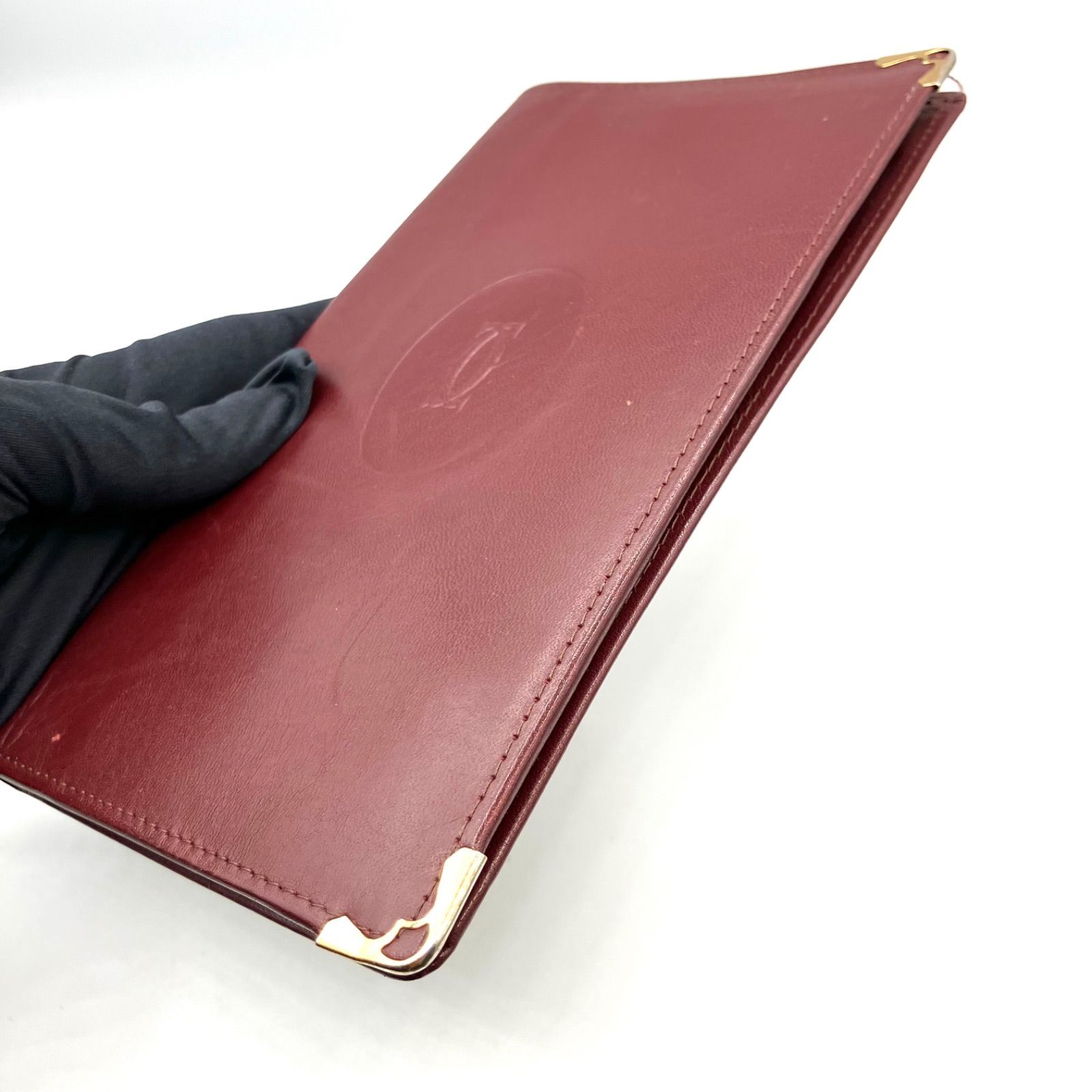 良品 カルティエ　長財布 二つ折り マストライン お札入れ カード付き ボルドー ✨美品✨カルティエ マストライン レザー ボルドー 二つ折り 長