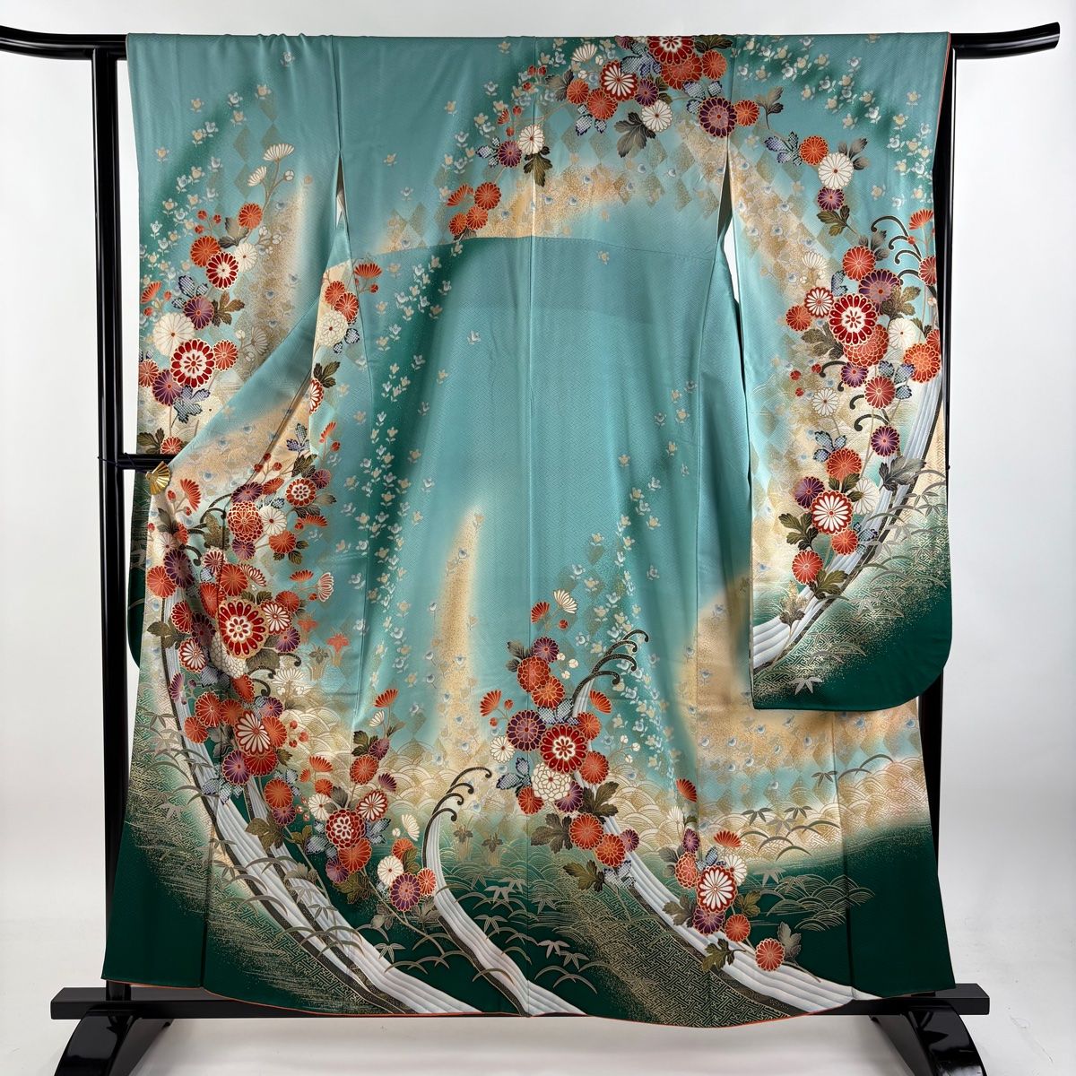 振袖 身丈158cm 裄丈63cm S 袷 菊 笹 金銀彩 ぼかし 水色 正絹 秀品