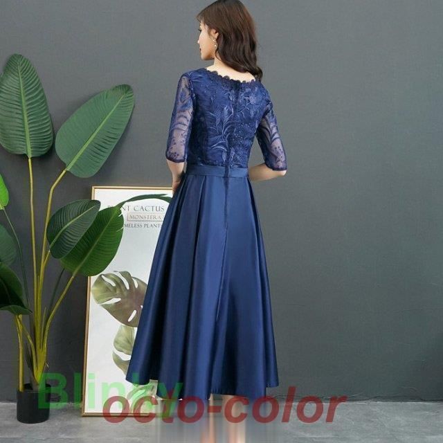 紺色 パーティードレス 40代 50代 サテン 結婚式ドレス 二次会 お呼ばれ Aライン 大きいサイズ ドレス 30代 7分袖 ミモレ丈 ネイビーWP アイテム MAAHADDERANG_COM