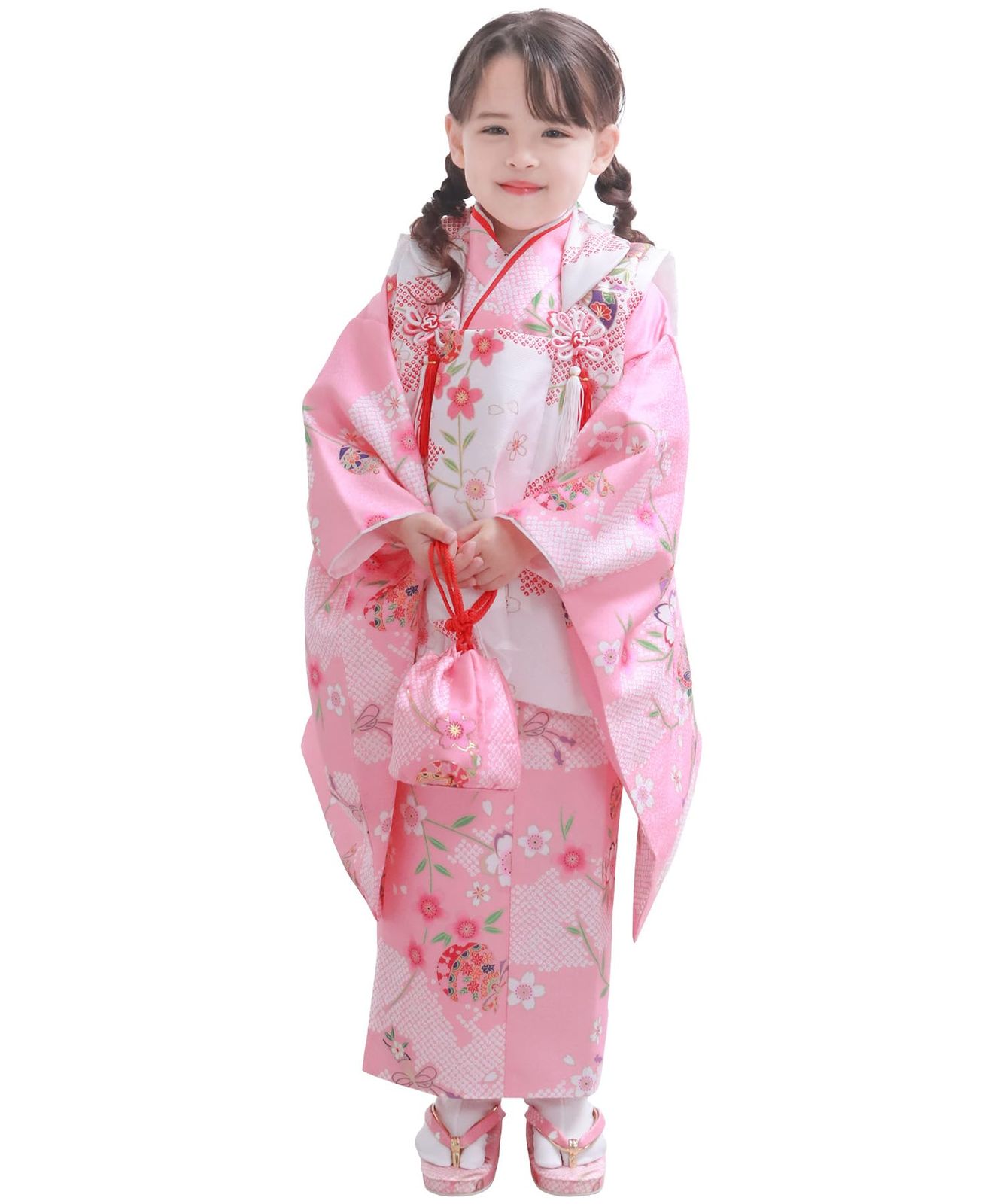 508ag77◎七五三 三歳 女の子 アンティーク着物&被布 レトロ 鶴菊楓