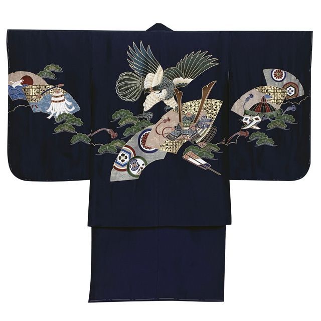 七五三 5歳 男児 お祝い着物 フルセット 正絹 刺繍入り羽織 着物と縞袴セット「紺、鷹に扇と兜」UGOH2416HB201