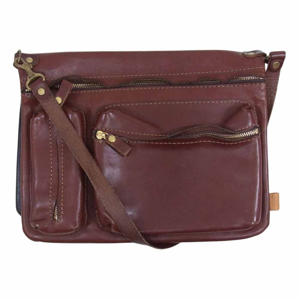 HERZ ヘルツ リバーシブル ワイド タイプ レザー ポケット ファスナー ショルダー バッグ ブラウン系【中古】