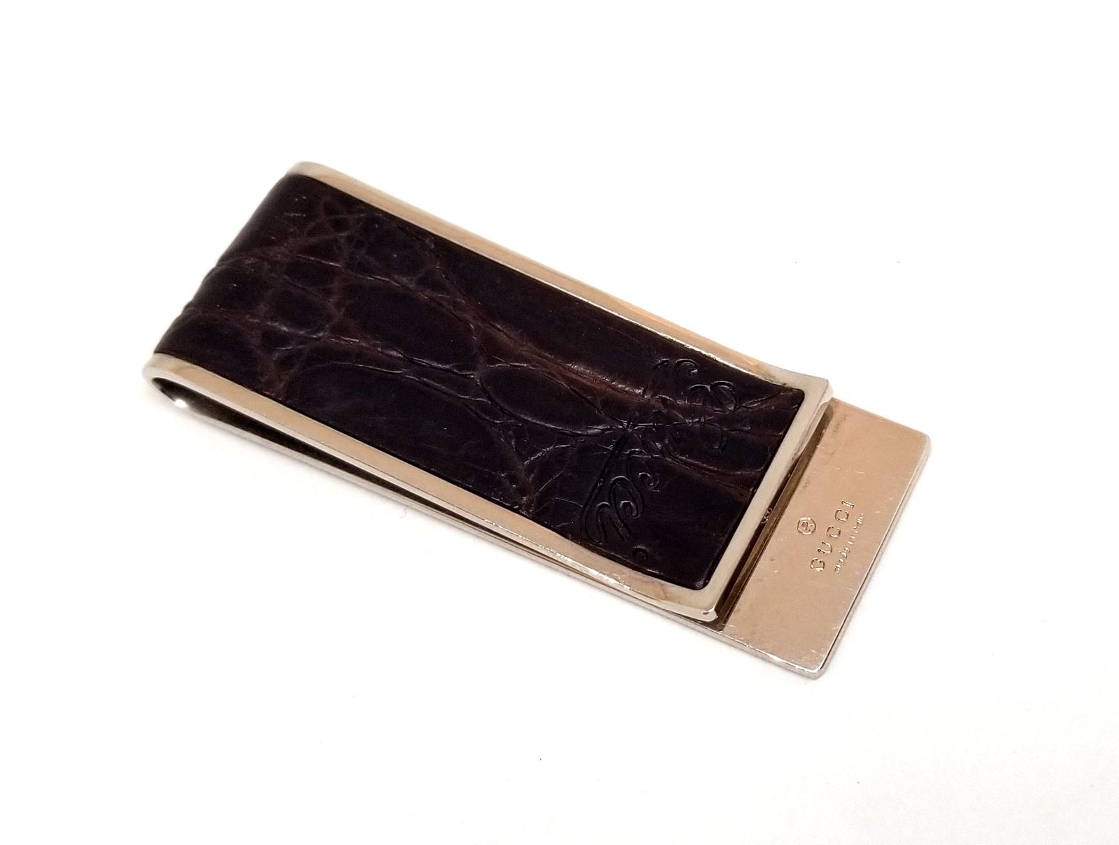 グッチ マネークリップ クロコダイル レザー ダークブラウン 札ばさみ  