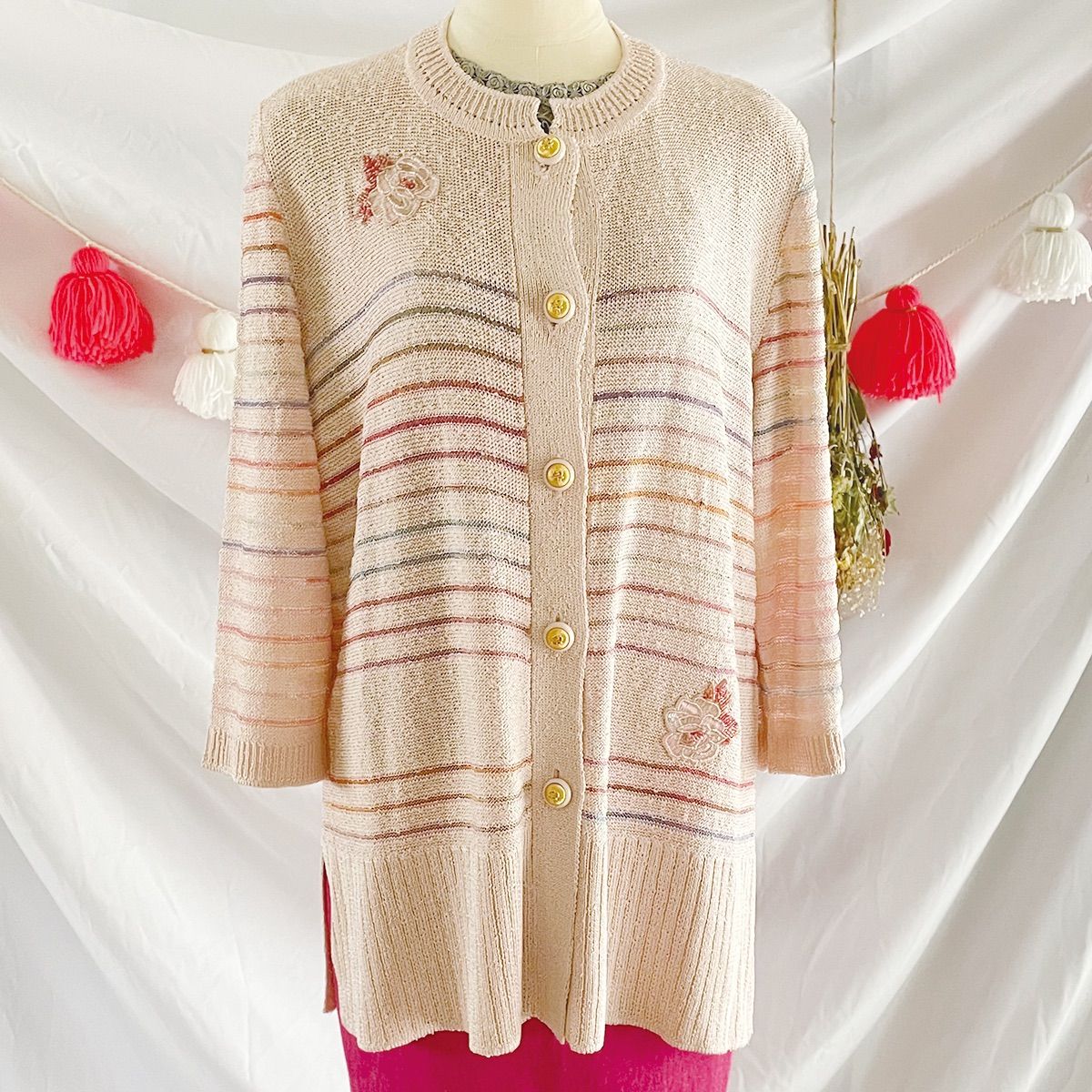 80s サマーニット ロングカーディガン ボーダー ビーズ刺繍　昭和レトロ ジャパンヴィンテージ古着