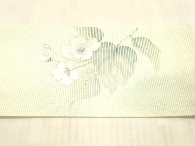 平和屋着物＊夏物　九寸名古屋帯　作家物　手描き　刺繍　枝花文　銀彩　正絹　逸品　DAAX8971cm 平和屋着物＊夏物 九寸名古屋帯 作家物 手描き 刺繍 枝花文 銀彩 正絹