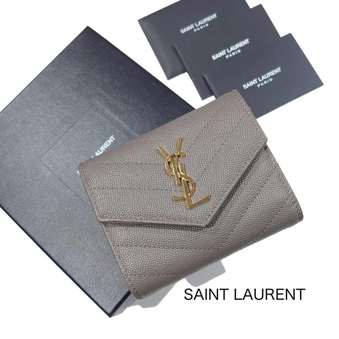 SAINT LAURENT サンローラン YSL カサンドラ マトラッセ マルチ フォールド ウォレット 三つ折り 財布 692061 グレー  エンボスレザー キャビアスキン - メルカリ