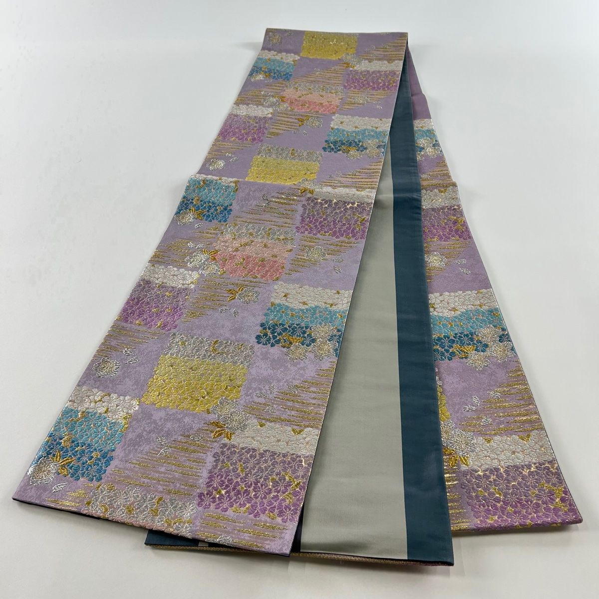 袋帯 【超美品】 リバーシブル 六通 青 紫 桜 正絹