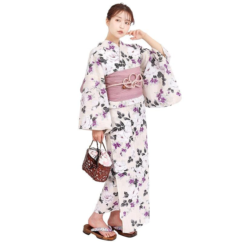 Fuuka 風香 浴衣 レディース 二部式 セパレート 帯 2点セット フリーサイズ くちなし 白紫 兵児帯| |藤色 X14H27B255