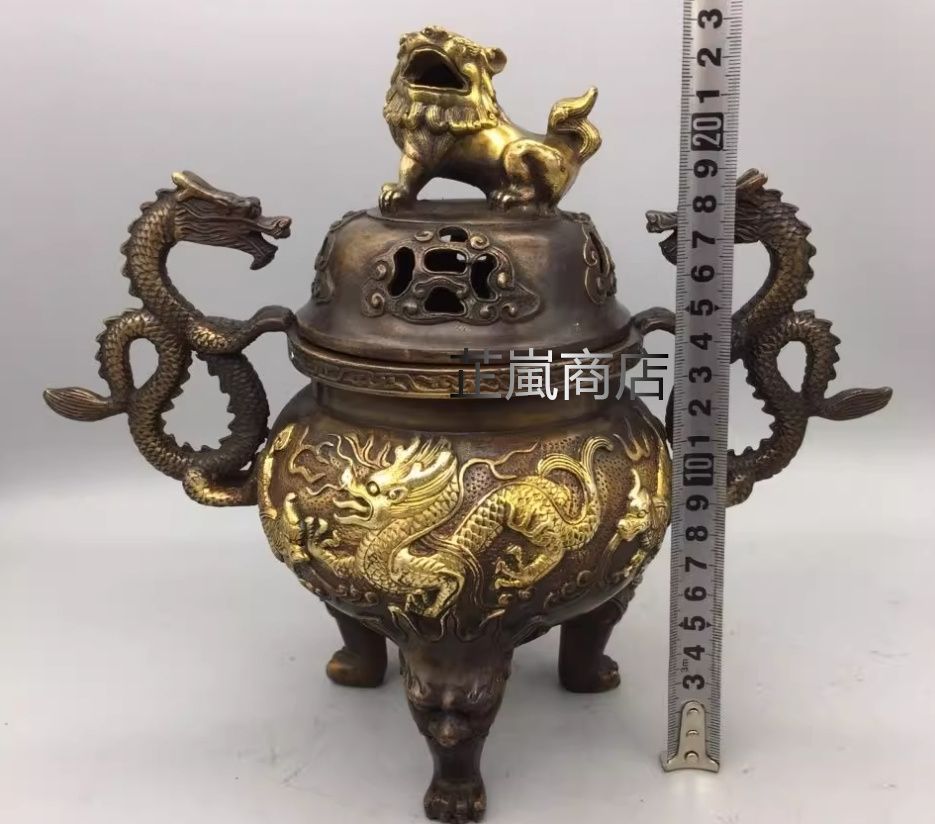 獅子蓋 双龍耳 香炉 書房 茶道 工芸品 装飾品 美術品 置物