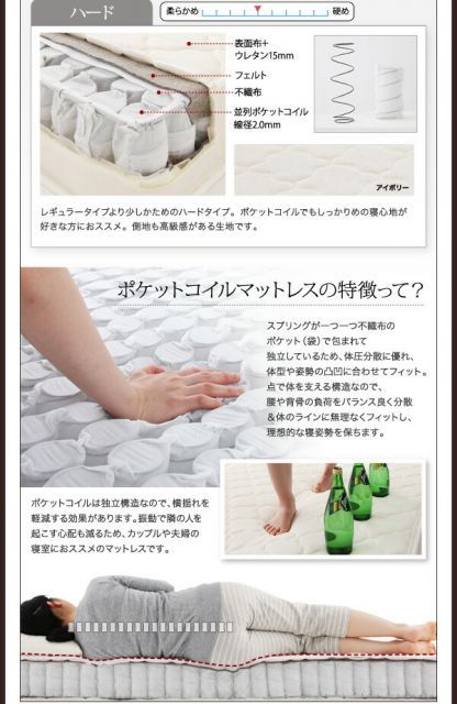 収納ベッド ワイドキング260(セミダブル+ダブル)【Deric】【スタンダードポケットコイルマットレス付き】フレームカラー:ブラック マットレスカラー:ブラック 棚・コンセント・収納付 収納ベッド ベッド ワイドキング260(セミダブル+ダブル)〔Deric 照明 連結 Rizon
