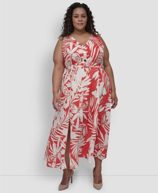 【送料無料】 ダナ キャラン ニューヨーク レディース ワンピース トップス Plus Size Printed V-Neck Belted Sleeveless Dress Fiesta Multi