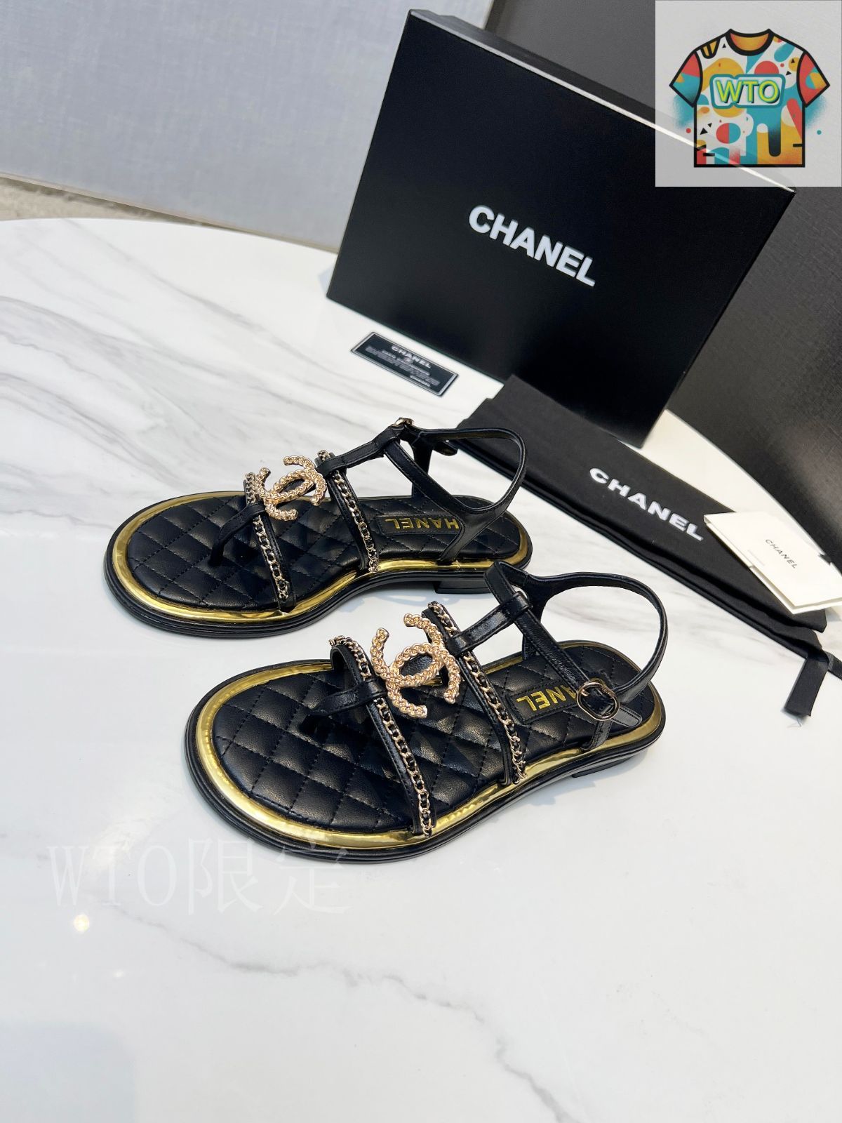 CHANEL アンクルストラップサンダル02-2 黒 サンダル レディース