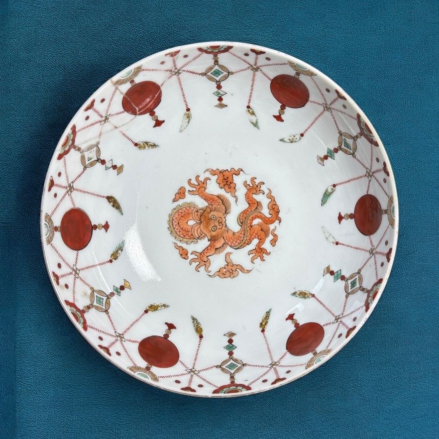 時代物　色絵　金彩　花鳥絵　赤絵　大皿　飾り皿 骨董品　手描き　盛皿　龍 時代物 色絵 金彩 花鳥絵 赤絵 大皿 飾り皿 骨董品 手描き 盛皿