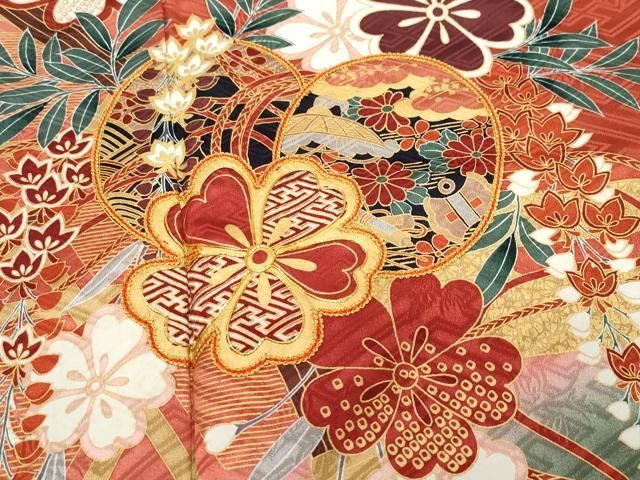 平和屋着物○豪華振袖 駒刺繍 鬘帯草花文 暈し染め 金彩