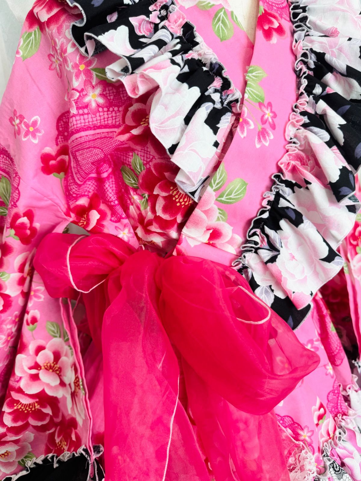 浴衣ドレス リメイク品 浴衣ドレス【リメイク】姫ギャルフリル浴衣kimonoピンク黒