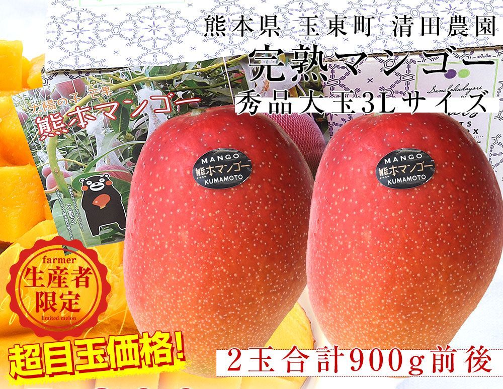 熊本県から産地直送 玉東町 清田農園 完熟マンゴー 秀品 大玉3L