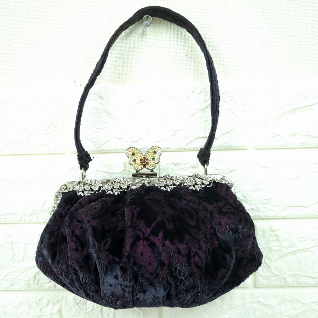 最終価格 未使用 アナスイ がま口 ベロア ビーズ スパンコール ハンドバッグ ANNA SUI アナスイ ベロア ハンドバッグ がま口 蝶々 パーティー