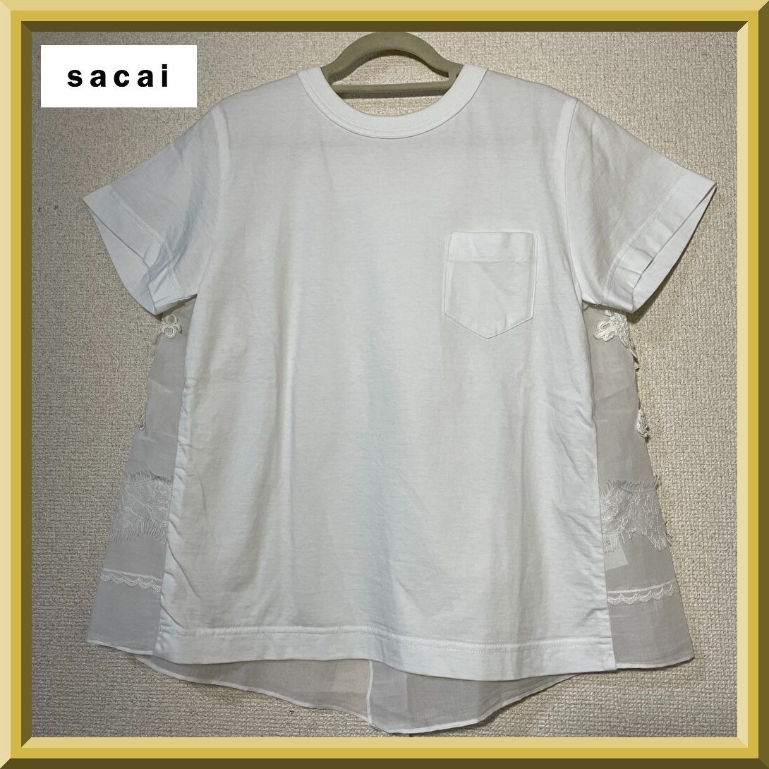 sacai サカイ　切り替えトップス　白 22SS sacai サカイ Tシャツ カットソー レース切り替え 22