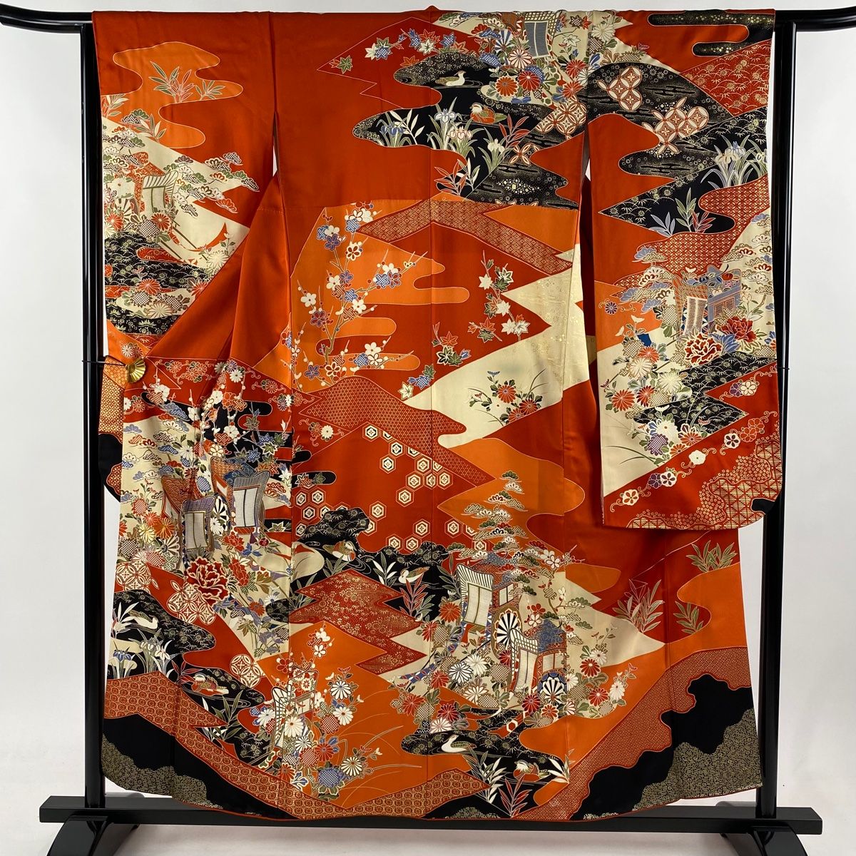 振袖 身丈155cm 裄丈63.5cm S 袷 御所車 花鳥 金糸 金彩 オレンジ 正絹 秀品