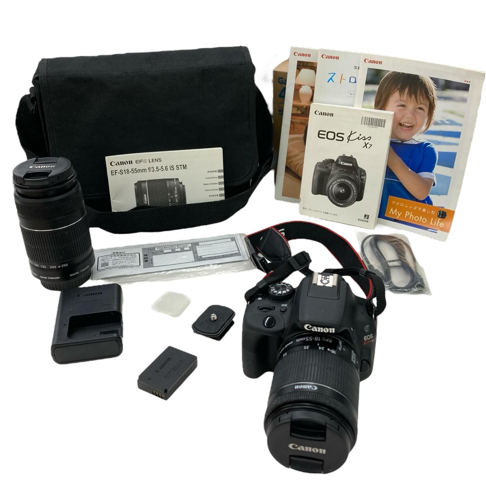 186000 現状品 canon キャノン EOS Kiss X7i ダブルズームキット バック付き EFS 18-55mm 55-250mm 本体 レンズ2つ 説明書付き バッテリー 充電アダプター 手ブレ補正