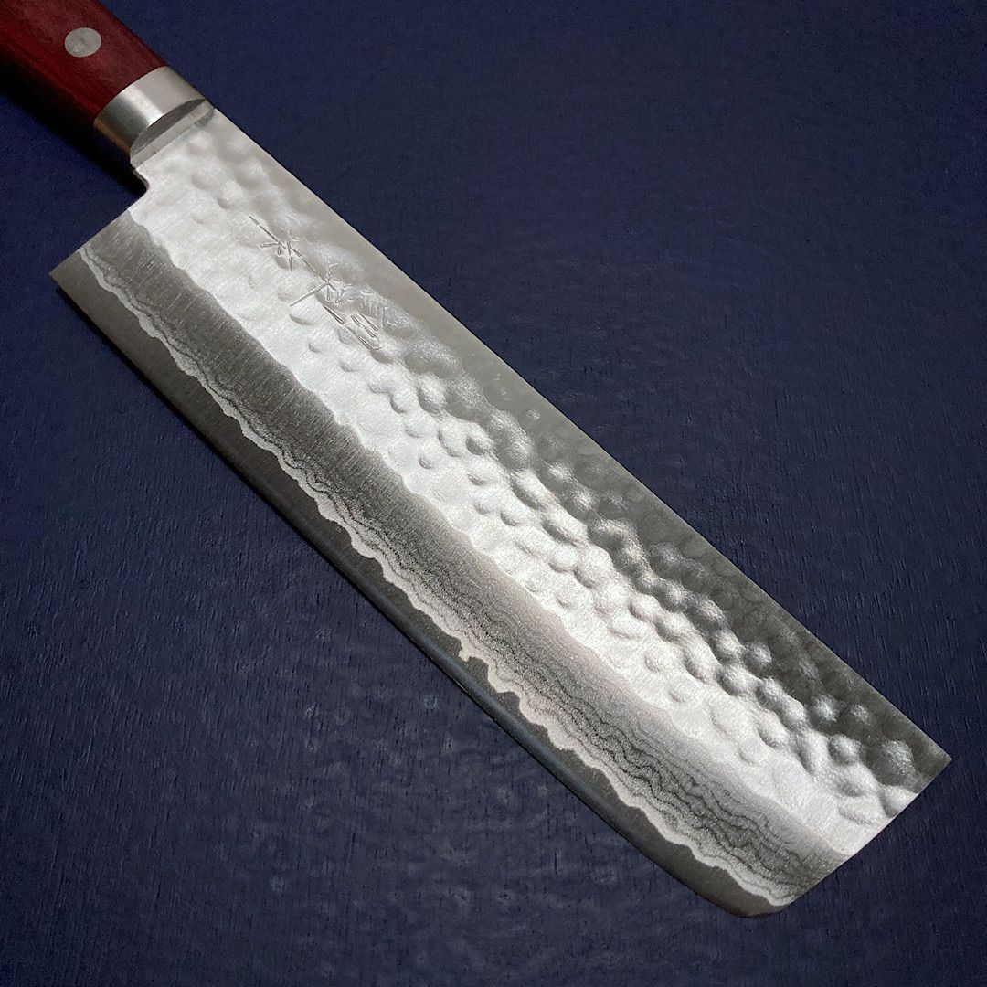 訓平作 菜切り包丁 165mm 槌目ダマスカス 赤柄 V金10号 越前打刃物