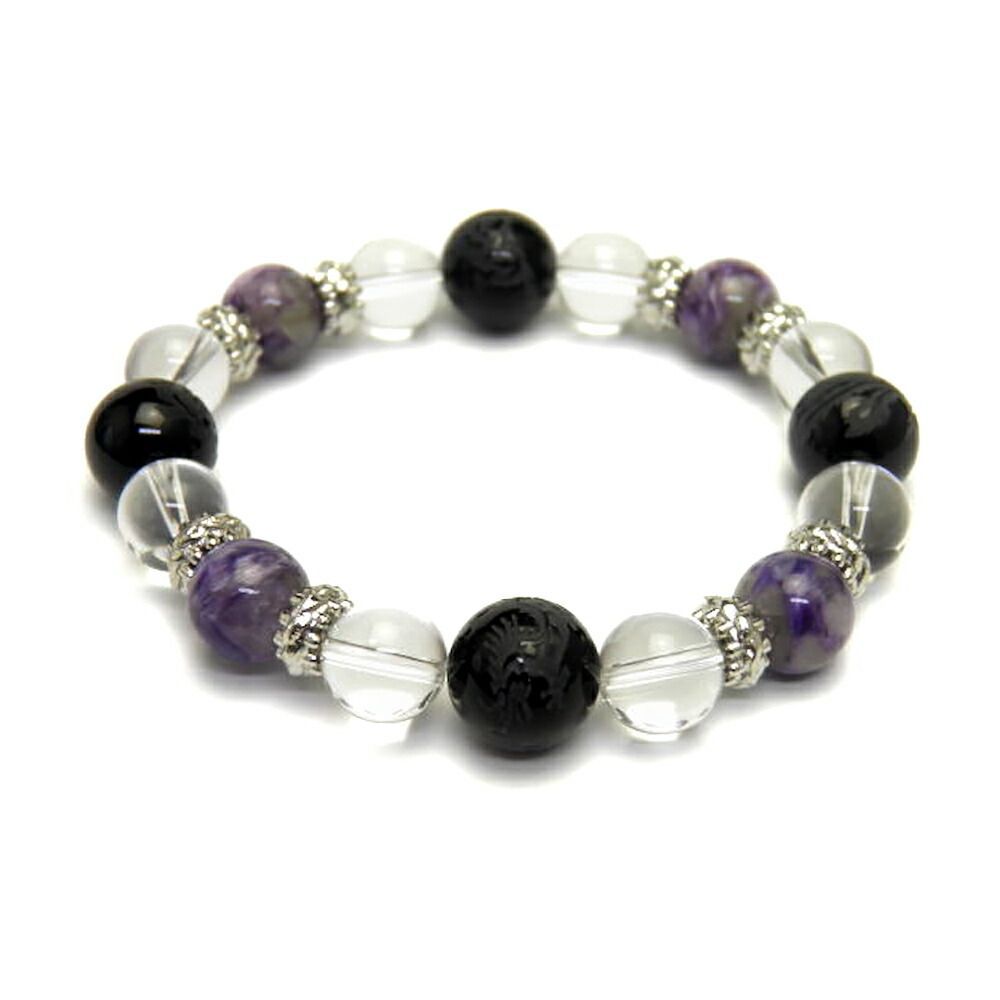 天然石 四神獣ブレスレット チャロアイト＆水晶＆四神獣 オニキス パワーストーン 四神相応数珠ブレスレット バラ売り 四神獣パワーストーン