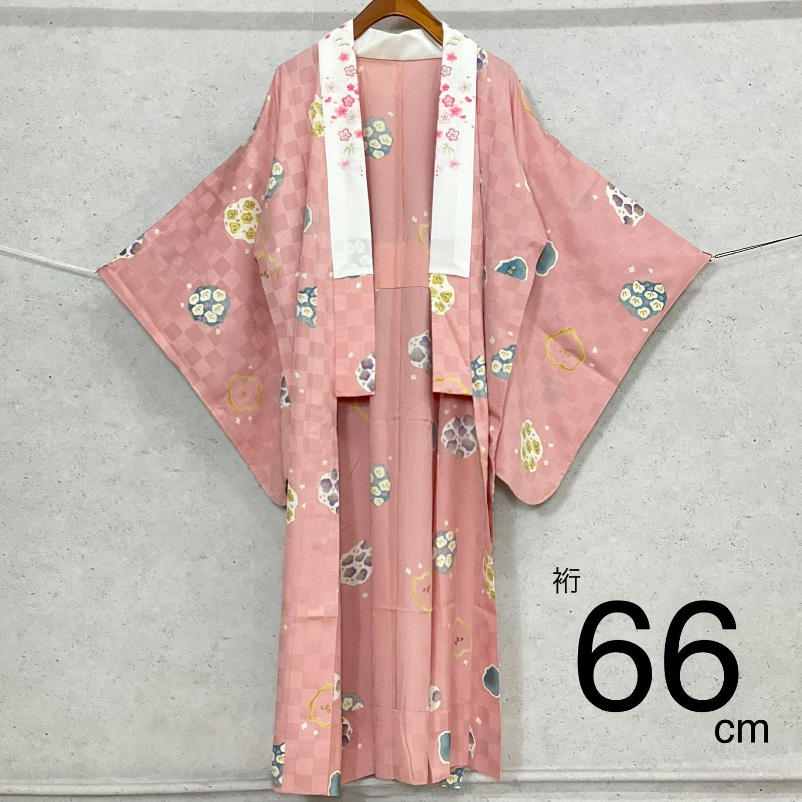 kimono+one◆未使用同然◆ピンク◆市松模様◆刺繍衿付き◆長襦袢◆仕付け糸付き◆単衣◆裄66肩丈126◆小紋紬附下訪問着留袖袷単衣夏着物◆K1110