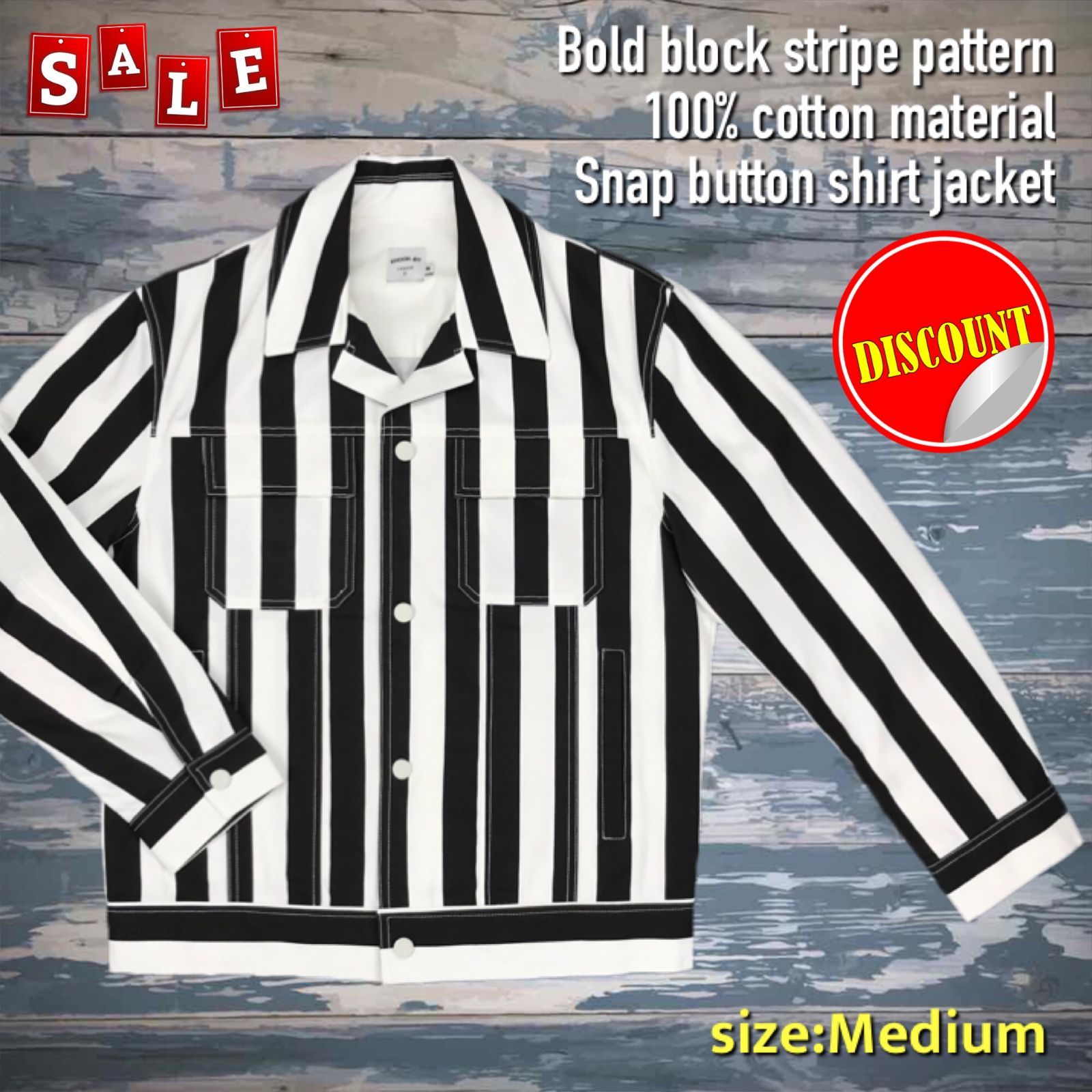 【SALE価格!!】ボールドブロックストライプ ホワイトメタルボタン コットン100% シャツジャケット