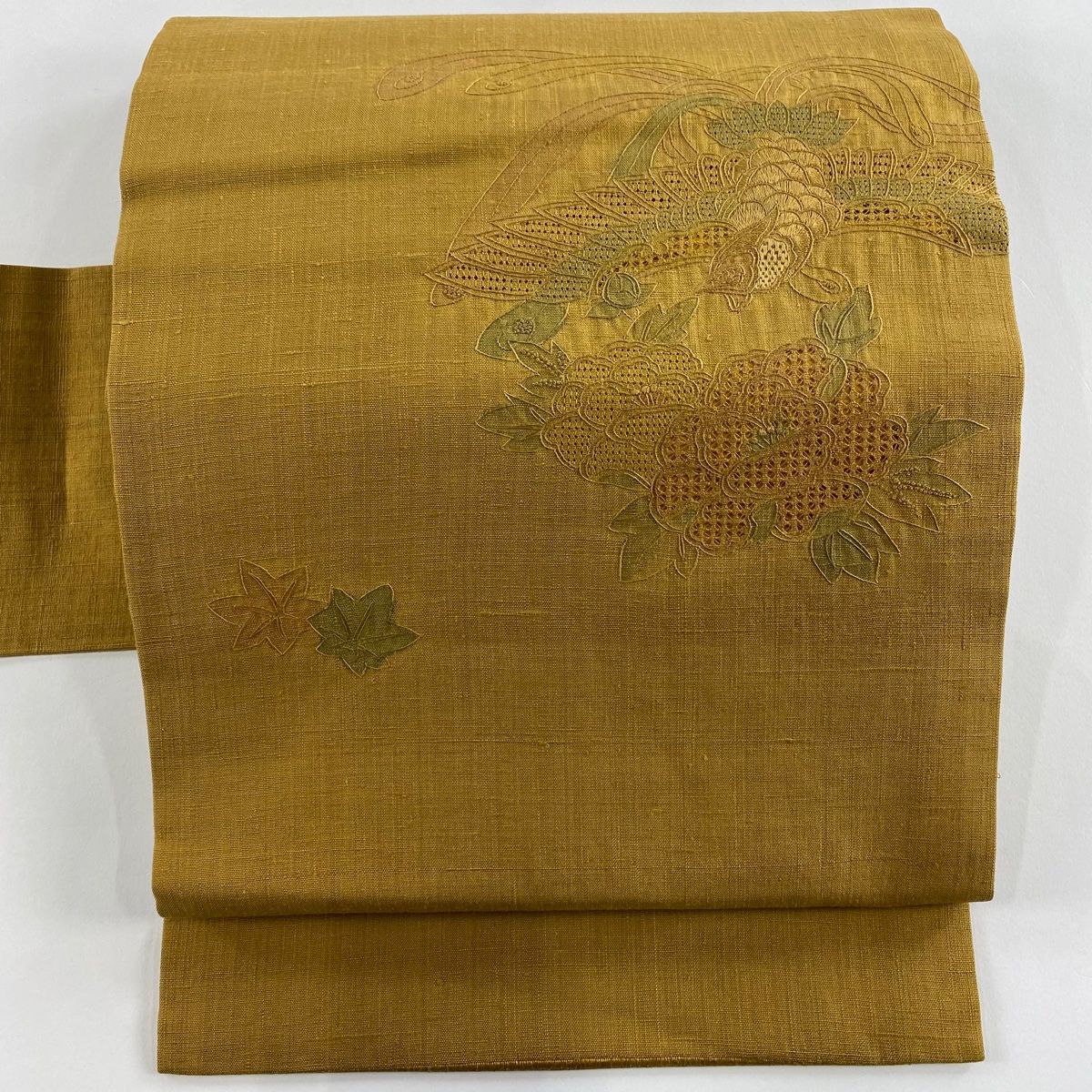 名古屋帯 秀品 紬地 草花 鳥 刺繍 ベージュ 正絹