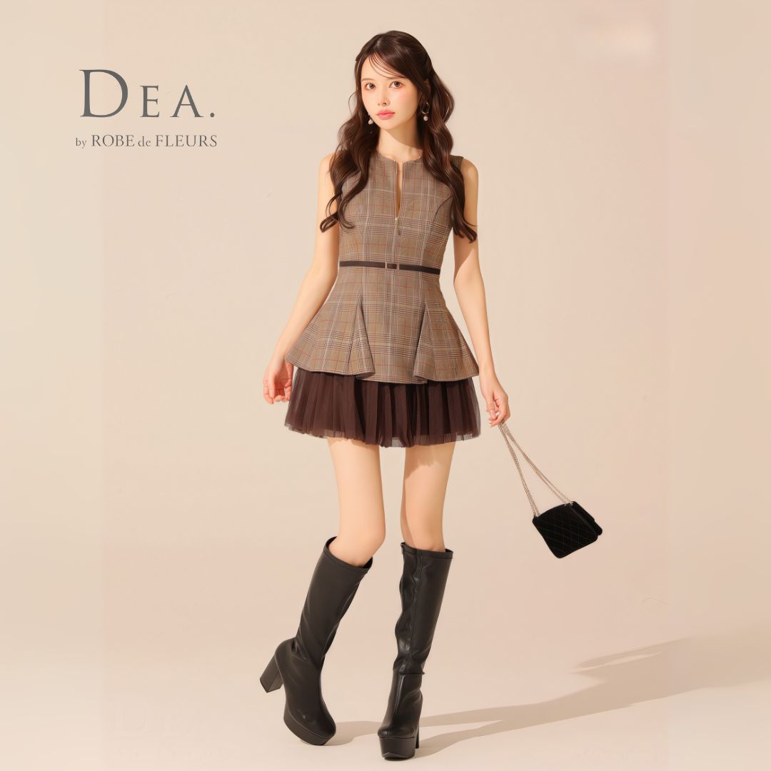 DEA. by ROBE de FLEURS ディアバイローブドフルール ミニドレス DE3477 チェックノースリーブベルトデザインチュールミニキャバドレス Brown