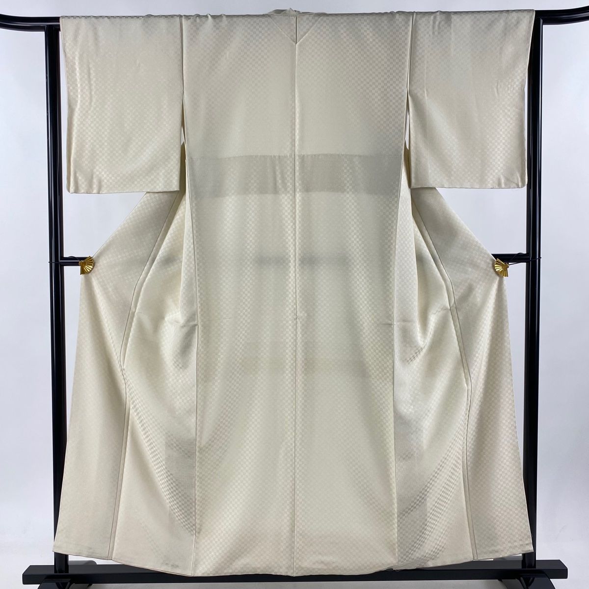 お召 身丈155cm 裄丈63cm S 袷 市松 クリーム 正絹 美品 逸品 【中古  