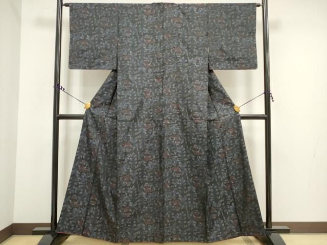 本場大島紬　単衣　茶泥　９マルキ　横段花文様　正絹 cbab2c9c854e2fbad0a5241fadc9b5