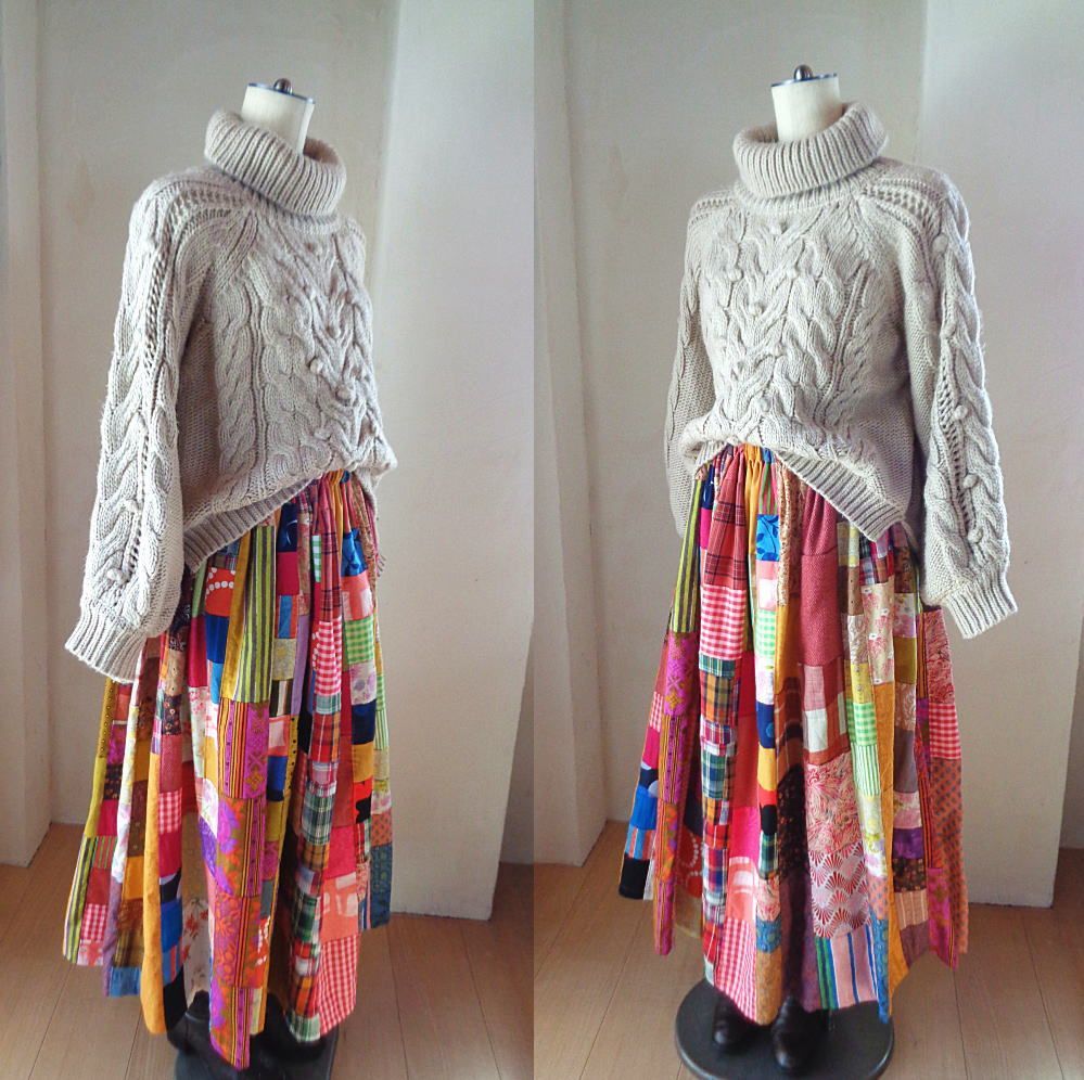 絵画なパッチワーク♥saffron yellow♥85㎝丈 ボリューム ロング 