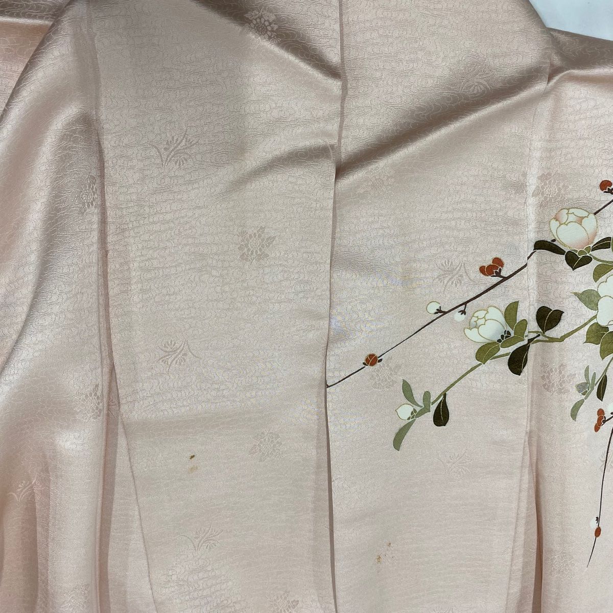 訪問着 身丈162cm 裄丈65.5cm M 袷 牡丹 菊 金糸 金彩 薄ピンク 正絹  