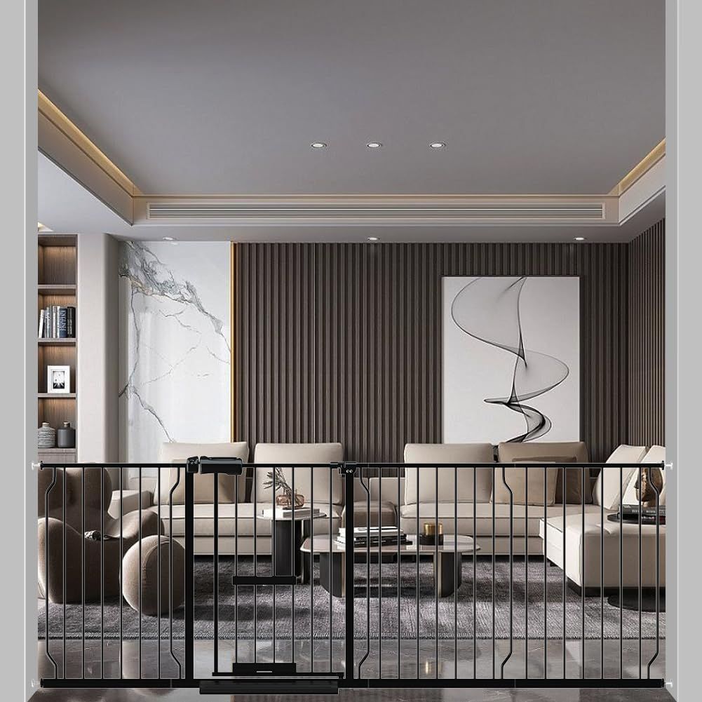 猫ドア付き 高さ78cm 階段上 オートクローズ機能 ロング ペットゲート 拡張フレーム付き 取付幅206-218cm ペットドア付き 突っ張りタイプ ベビーゲート ブラック Qonimm