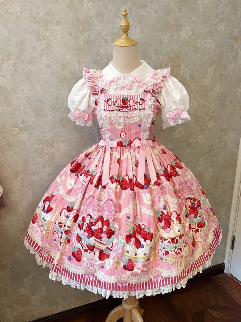 新品 25新作甘ロリ イチゴケーキ柄ジャンパースカート【在庫限り