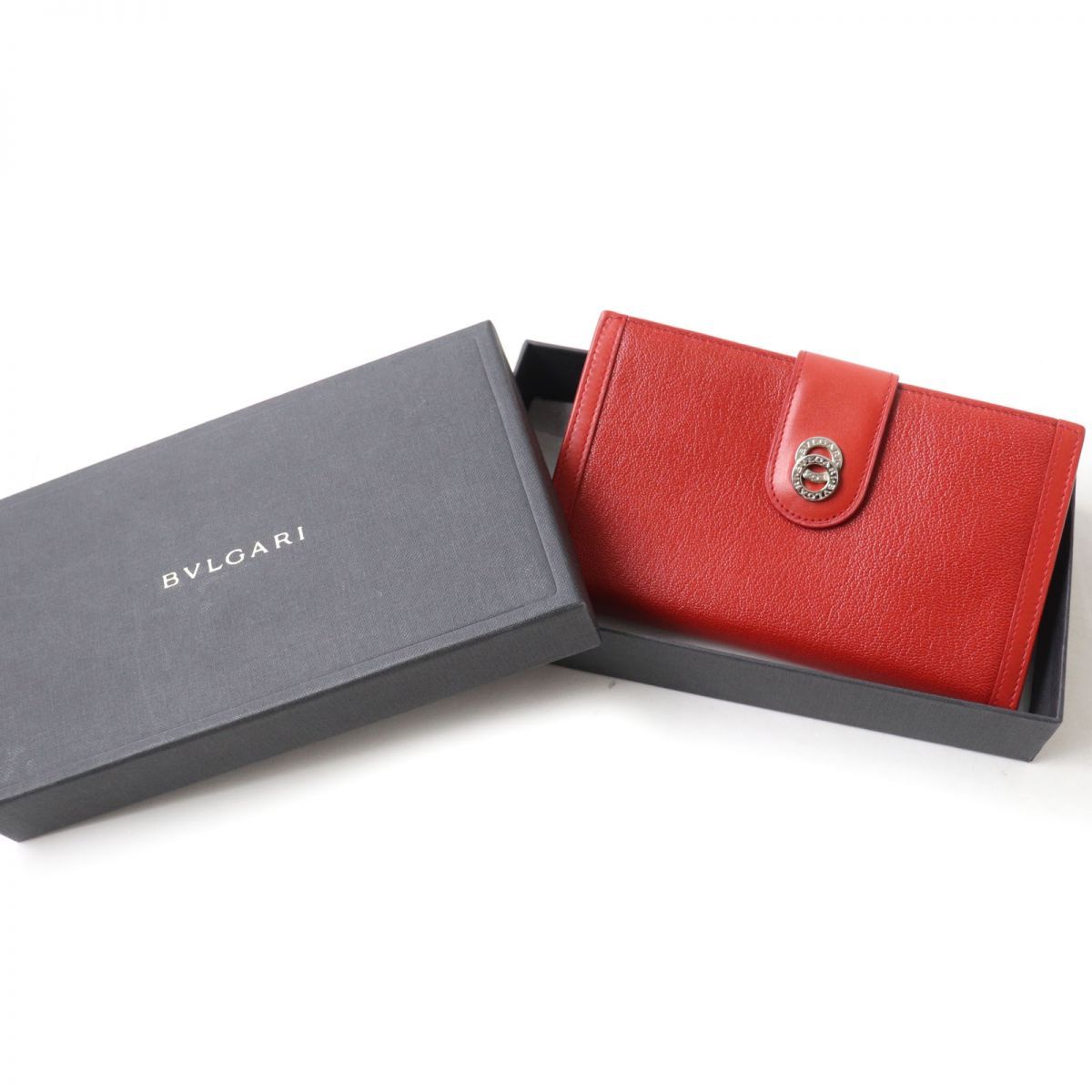 極美品☆BVLGARI ブルガリ ドッピオトンド ロゴ金具付き 2つ折り 財布/レザーウォレット レッド 赤 レディース イタリア製 箱付き　 J06-st30329-901