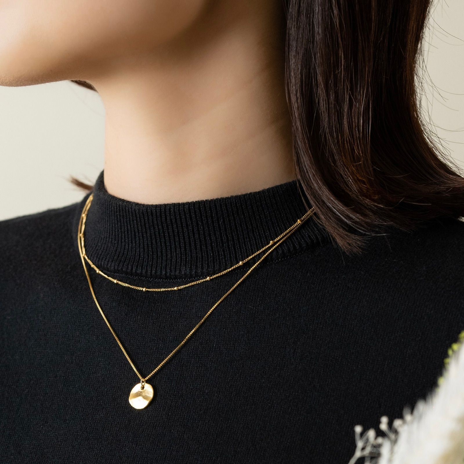 2点セット！ビーズチェーンとハンマーコインの14kgfネックレス 重ね付け