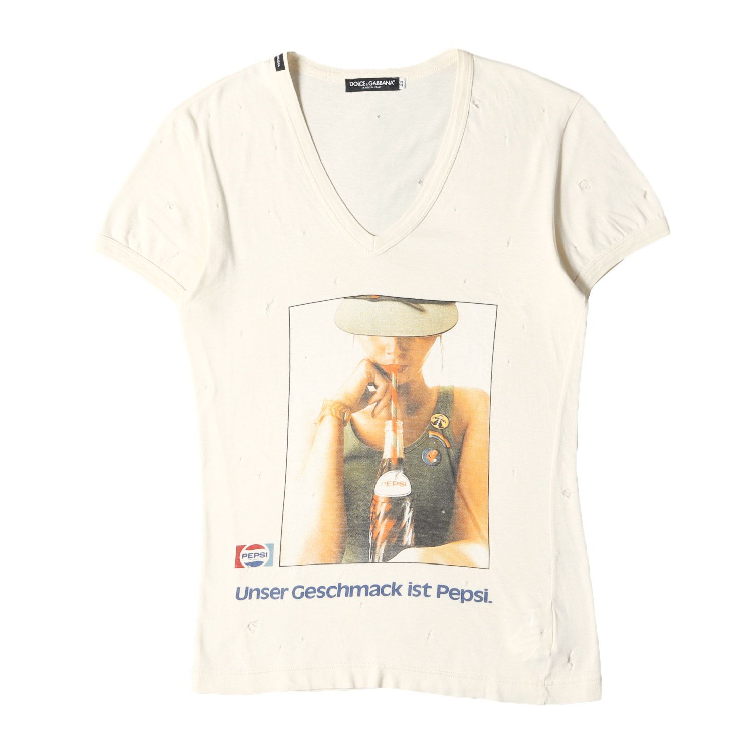 DOLCE&GABBANA ドルチェ&ガッバーナ Tシャツ サイズ:44 PEPSI クラッシュ ダメージ加工 アドバタイジング グラフィック  ディープVネック トリム Tシャツ Y2K アーカイブ アイボリー イタリア製 トップス カットソー【メンズ】 - メルカリ