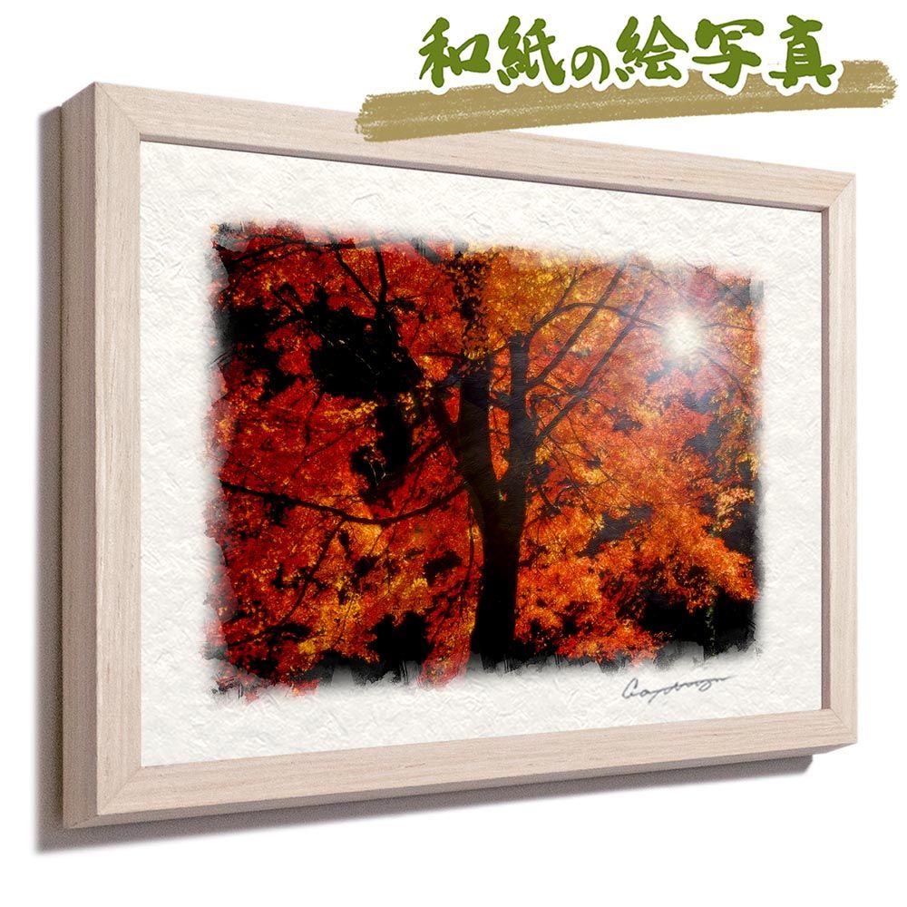 和紙の絵写真 「漆黒に赤く輝くもみじの木」 平面額縁付き 32x23cm 絵画 インテリア 玄関 風水 風景画 アート パネル ポスター おしゃれ 新築祝い 絵 壁掛け 和モダン 和風 ジャパンディ秋 赤 