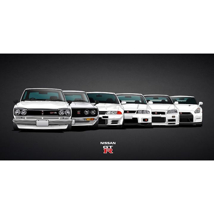 絵画風 壁紙ポスター (はがせるシール式) 日産 歴代GT-R スカイライン ハコスカ ケンu0026メリー R32 R33 GT-R R34 R35 キャラクロ NGTR-003S1 (1152mm×576mm) ＜日本製＞ ウォールステッカー お風呂ポスター