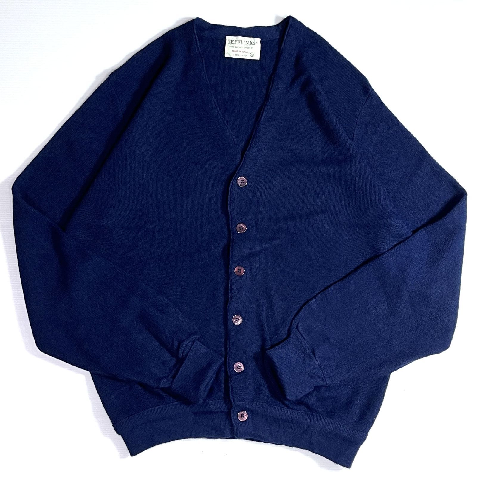 70s 80s USA製 JEFFLINKS ジェフリンクス 無地 VINTAGE ヴィンテージ メンズ アクリルニット カーディガン セーター ニット XL ネイビー NAVY 紺 v24123029